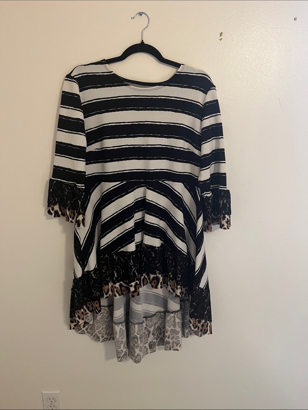 Striped Black & White High-Low Tunic with Leopard Trim